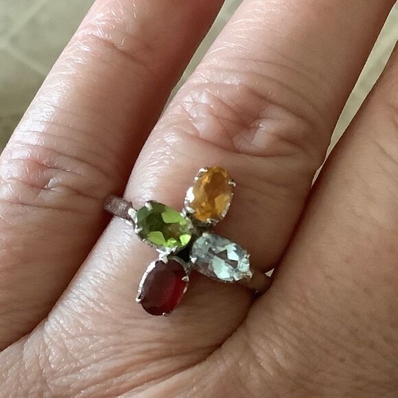 STERLING SILVER 925 BLUE TOPAZ/GARNET/PERIDOT/CITRINE WOMAN RING SIZE US 8 - Picture 9 of 11